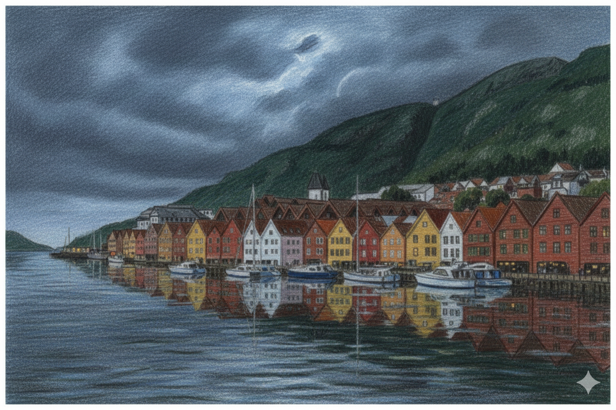 Bergen waterfront with Bryggen buildings under dark clouds